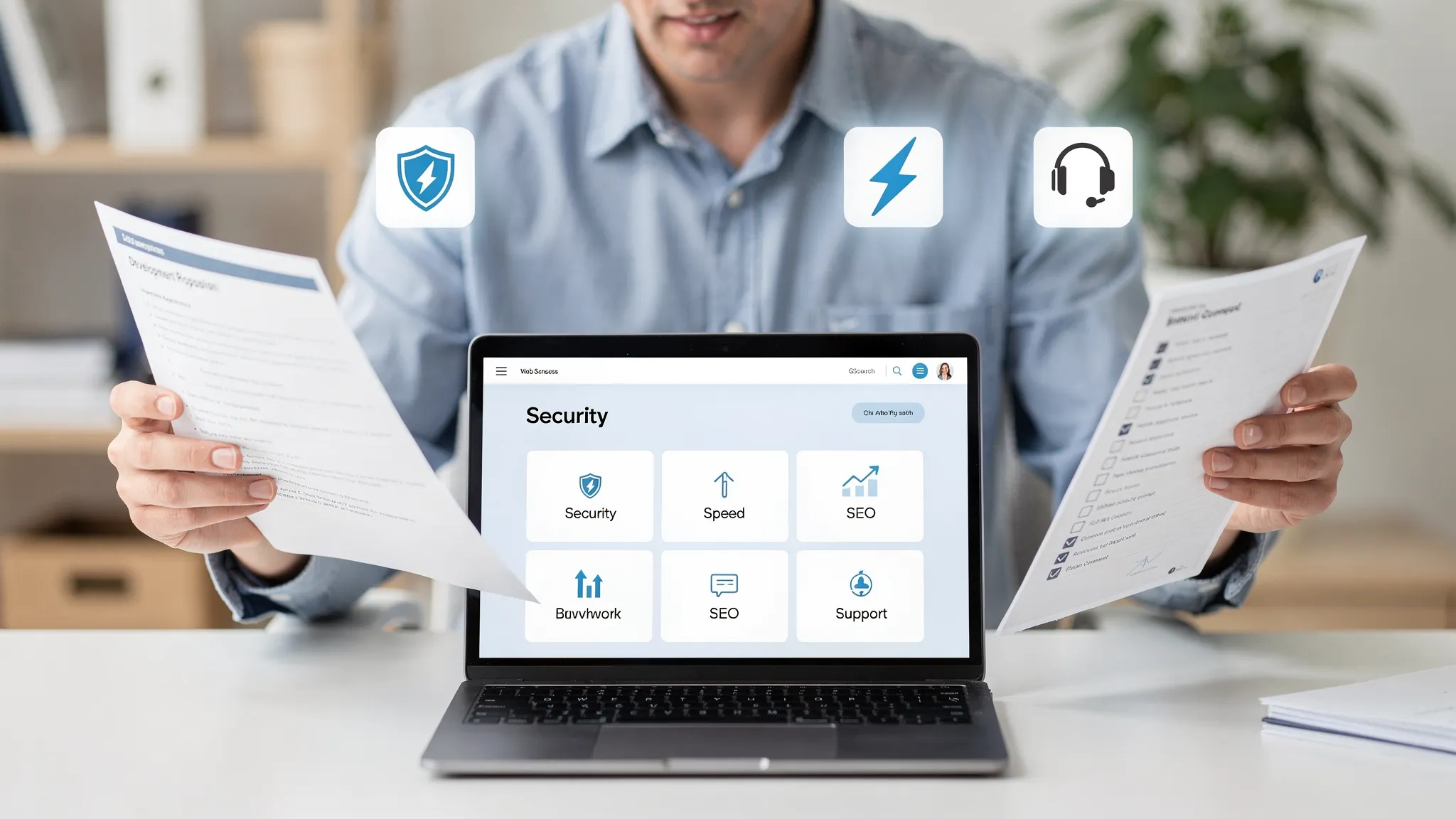A business owner comparing web development proposals with a checklist, laptop open facing the viewer, and simple icons representing security, speed, SEO, and support.