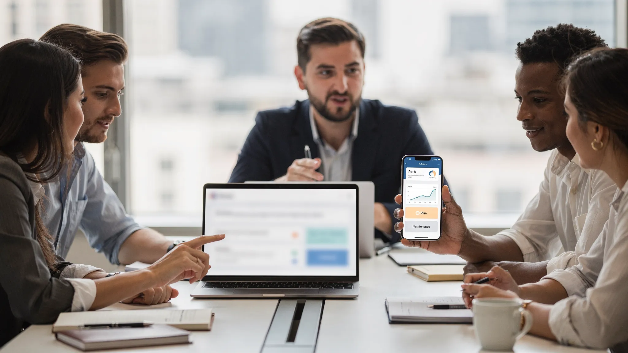A business team in a meeting reviewing a web app on a laptop, with a second person holding a phone showing a simplified dashboard UI, representing planning features and maintenance needs.