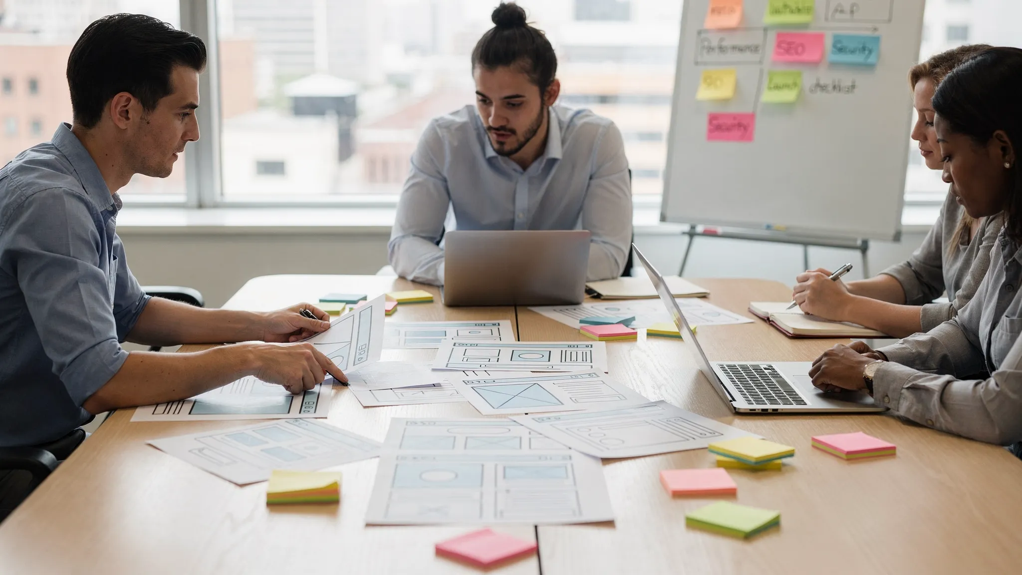 A small team in a meeting room collaborating on a website project plan using printed wireframes and a laptop on the table, with sticky notes labeled SEO, Performance, Security, and Launch checklist.