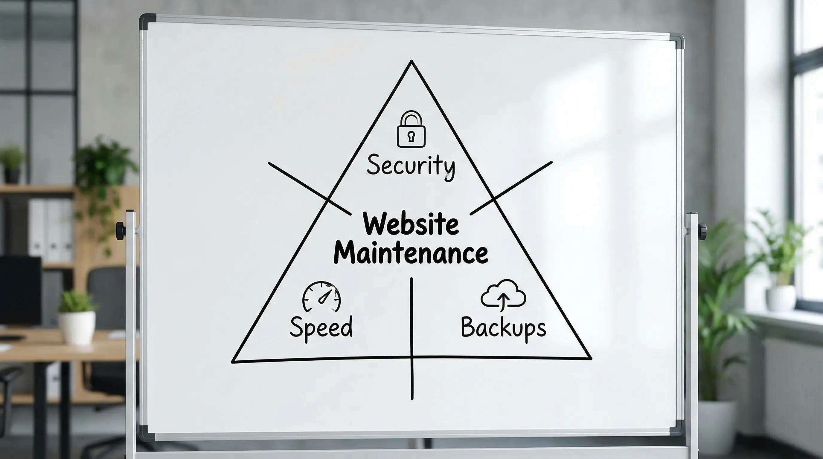 A simple triangle diagram labeled Security, Speed, and Backups, with Website Maintenance in the center, plus small icons for a lock, a speed gauge, and a cloud backup.